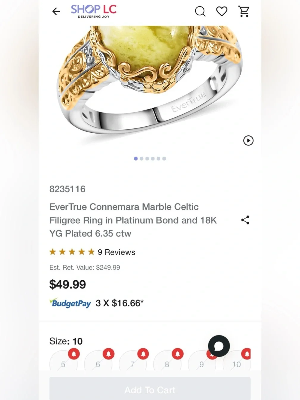 EverTrue Connemara Marble Celtic Filigree Ring 6.35ctw Size 10 NWT